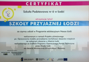 Certyfikat Szkoła przyjazna Łodzi
